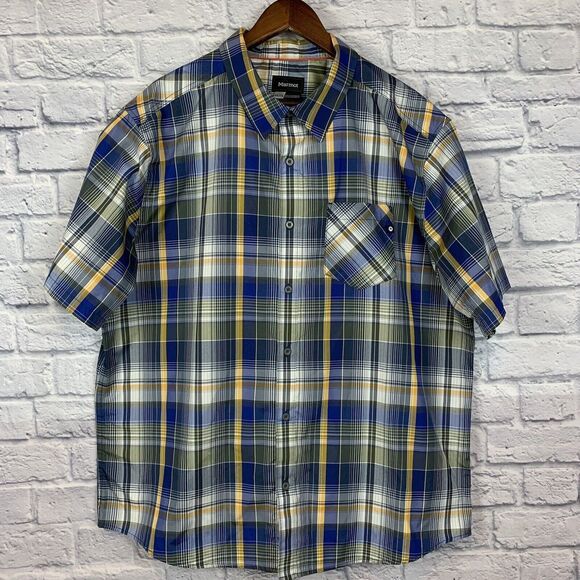 Marmot Other - Marmot Men's Echo Blue Yellow Short Sleeve Plaid Stripe Button Shirt Size 2XL‎